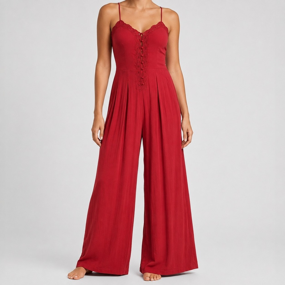 FREE PEOPLE Size 6 Poppy Red Spaghetti Strap Wide Leg Lace Trim Eileen Jumpsuit